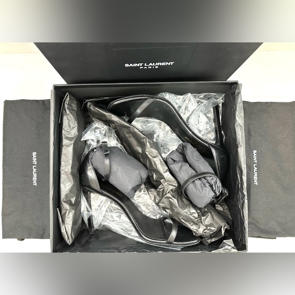Auth SAINT LAURENT Skinny Strap High Heels Black Leather Sandals w/ Box, 36 - Picture 15 of 16